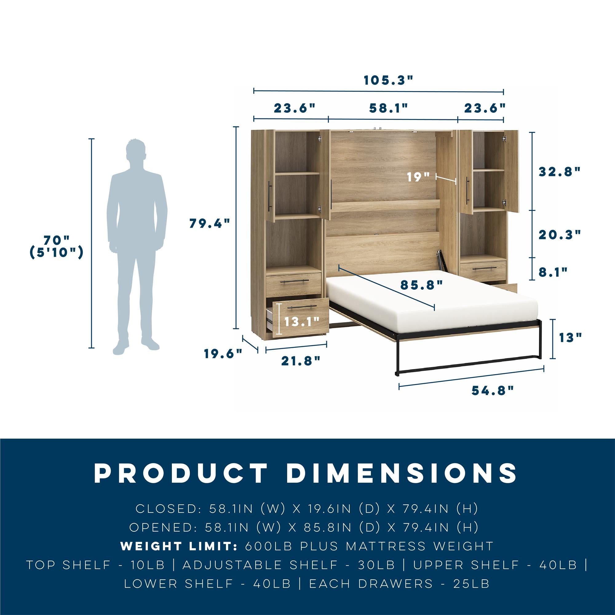 Novogratz Holly Hills Murphy Bed with Cabinets, Full Size - Light Oak - Full