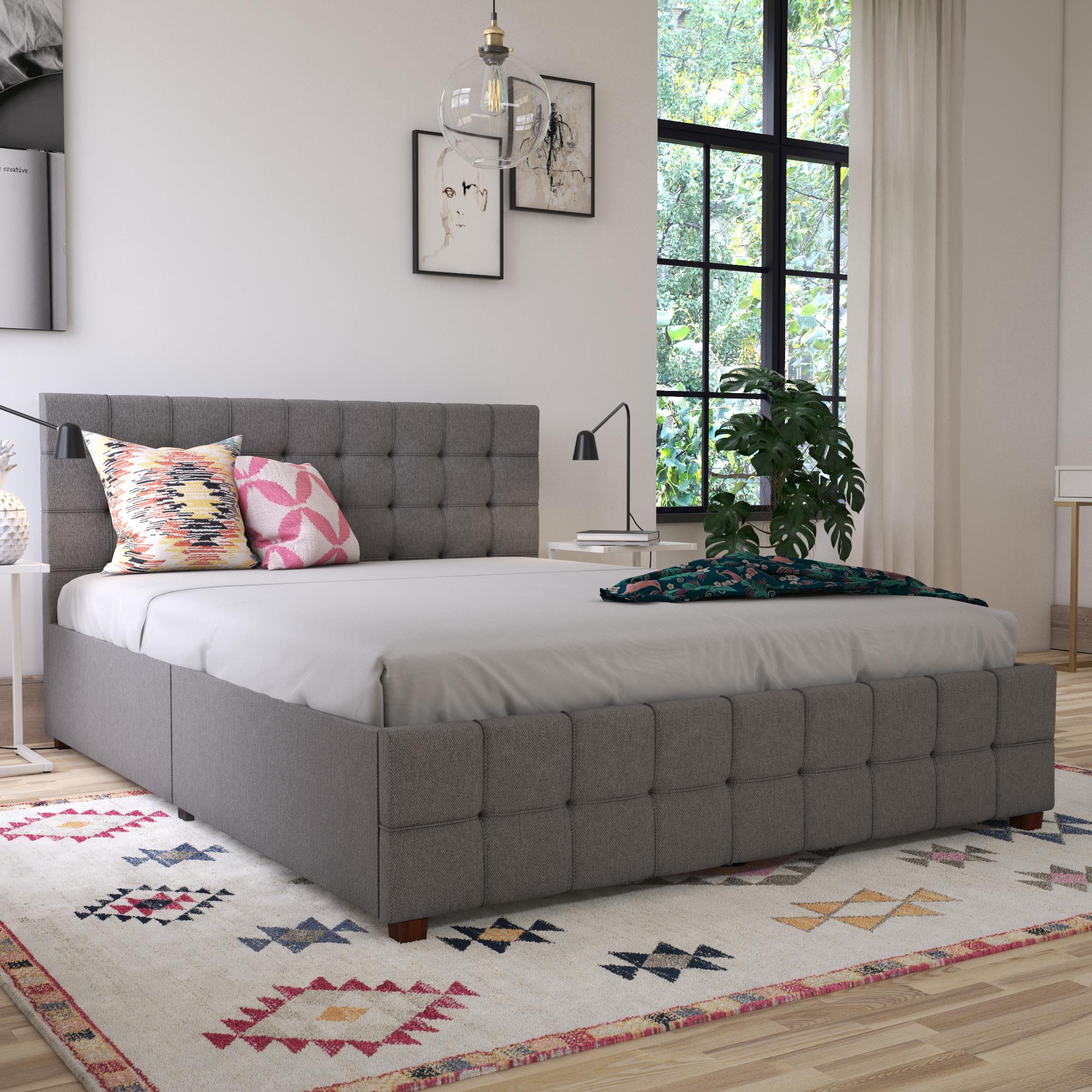 CosmoLiving Elizabeth Upholstered Bed with Storage - Grey Linen - Queen