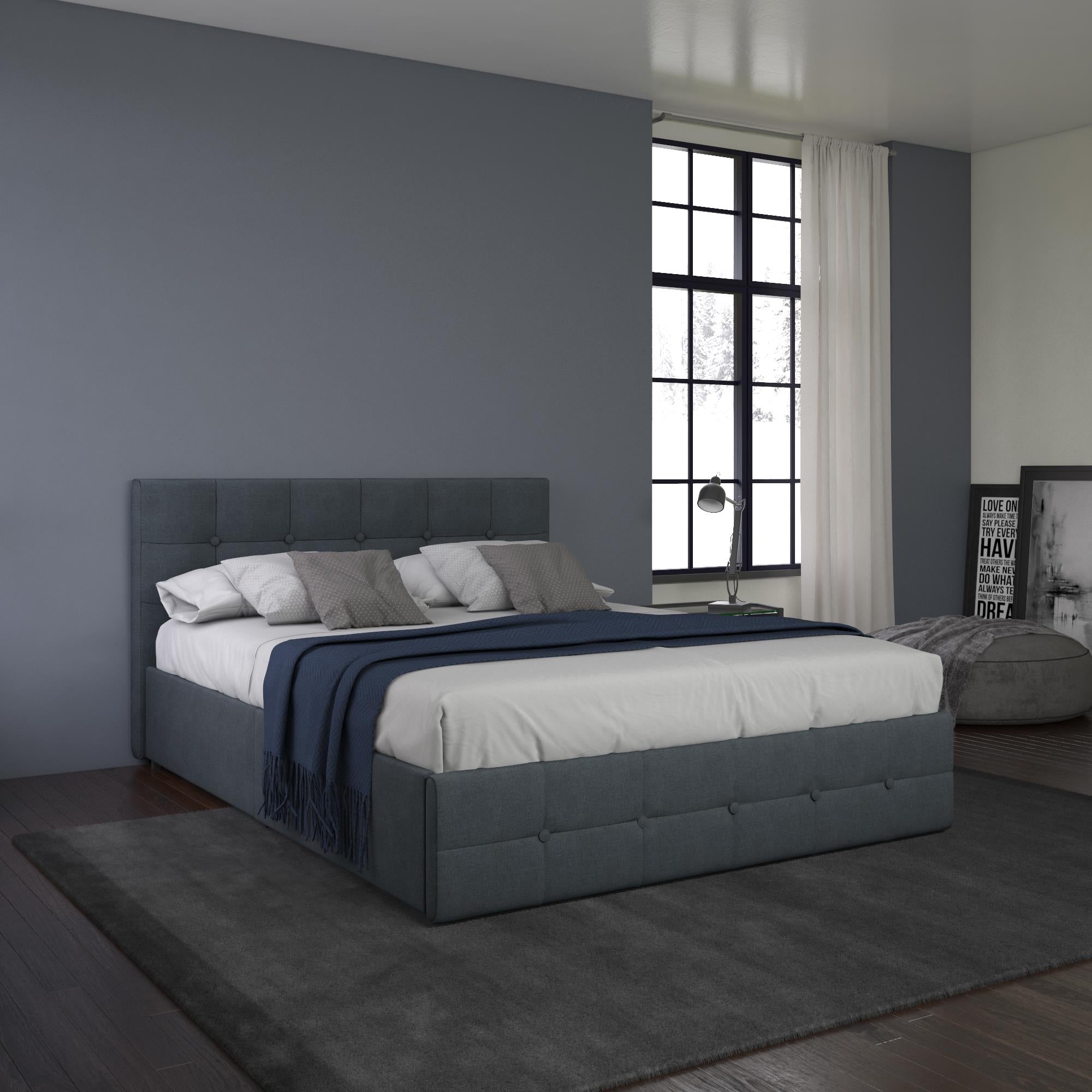 DHP Rose Upholstered Bed Frame with Storage - Blue Linen - Full
