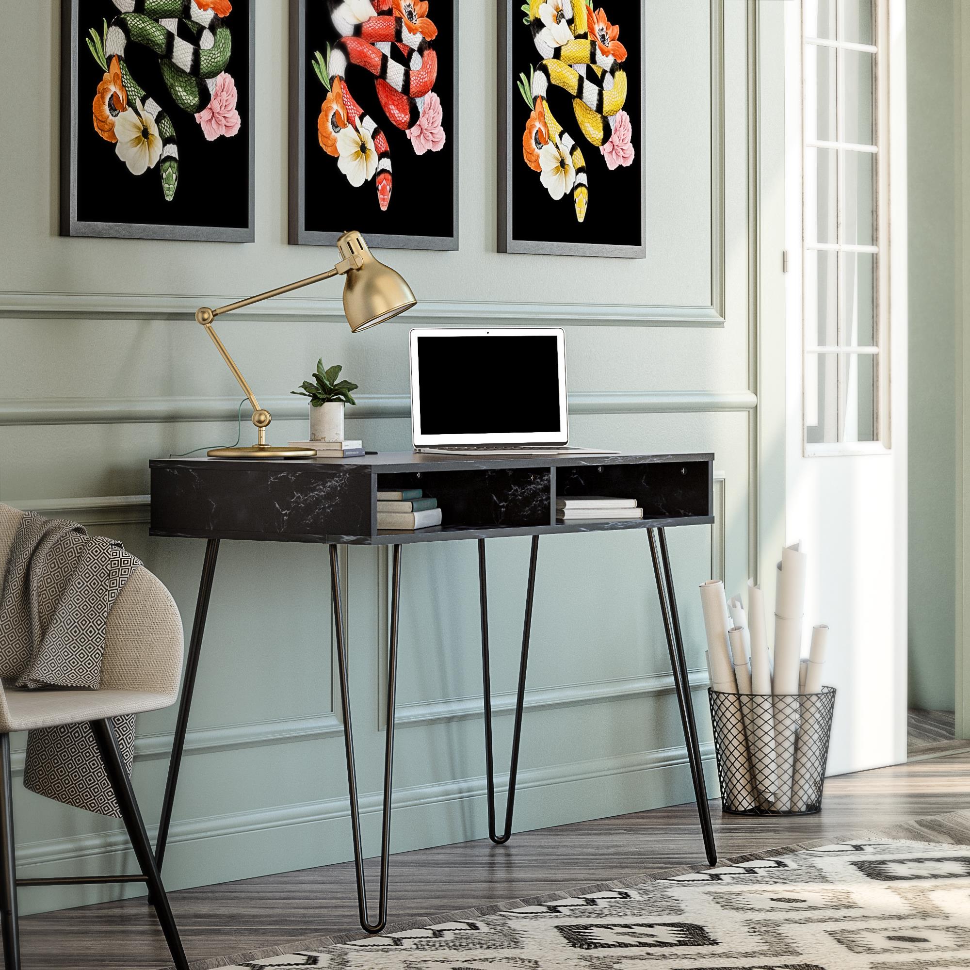 Novogratz Athena Computer Desk with Storage - Black Marble