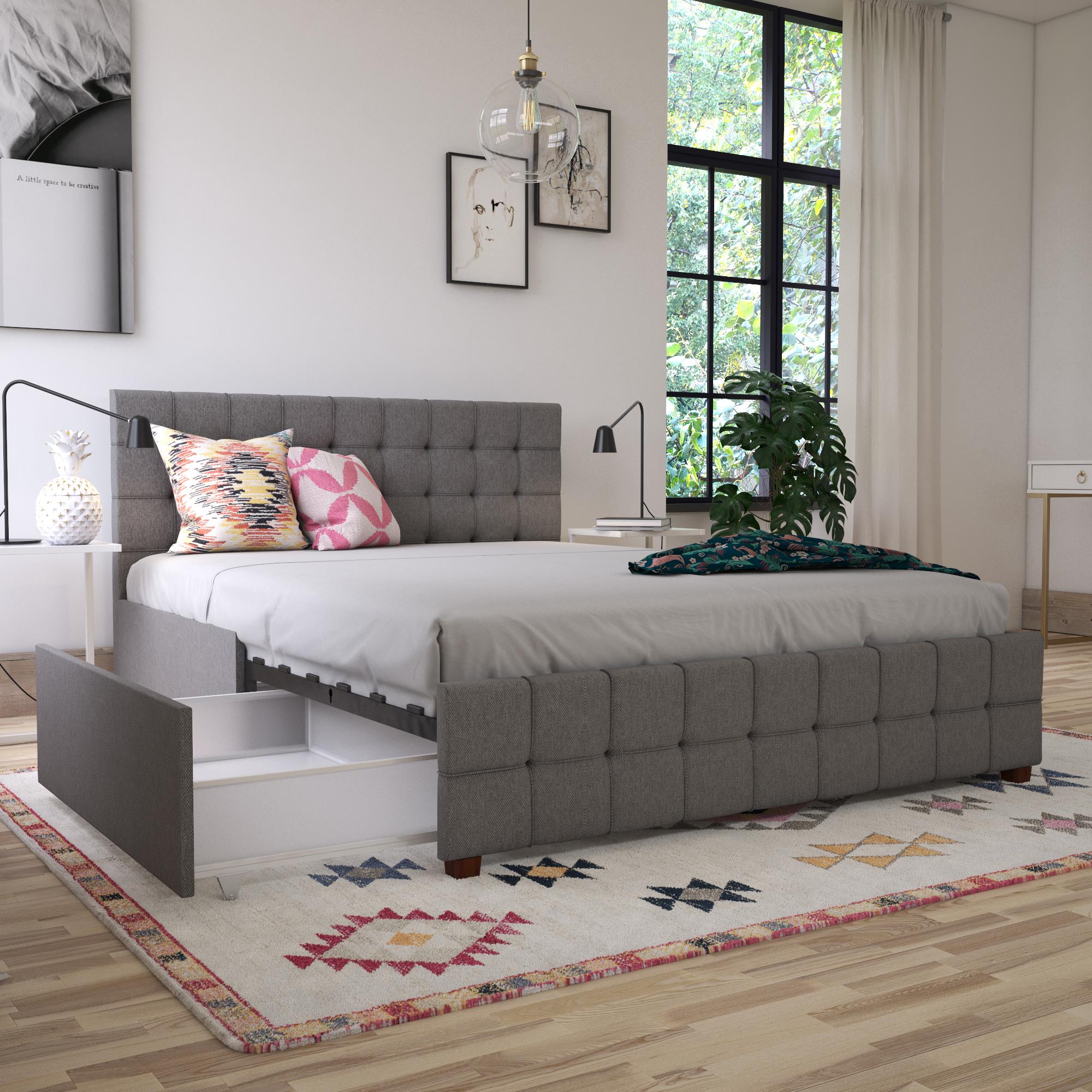 CosmoLiving Elizabeth Upholstered Bed with Storage - Grey Linen - Full