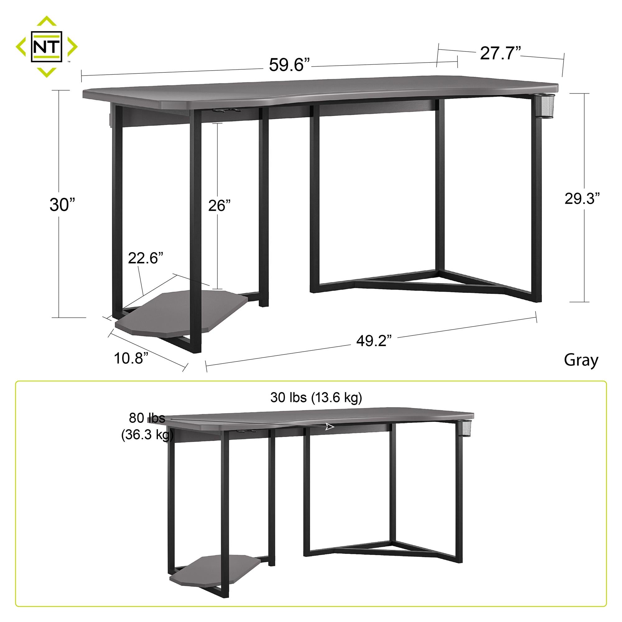 NTense Quest Gaming Desk with CPU Stand - Gray