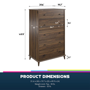 Ameriwood Home Farnsworth 5-Drawer Dresser - Florence Walnut - 5 Drawer