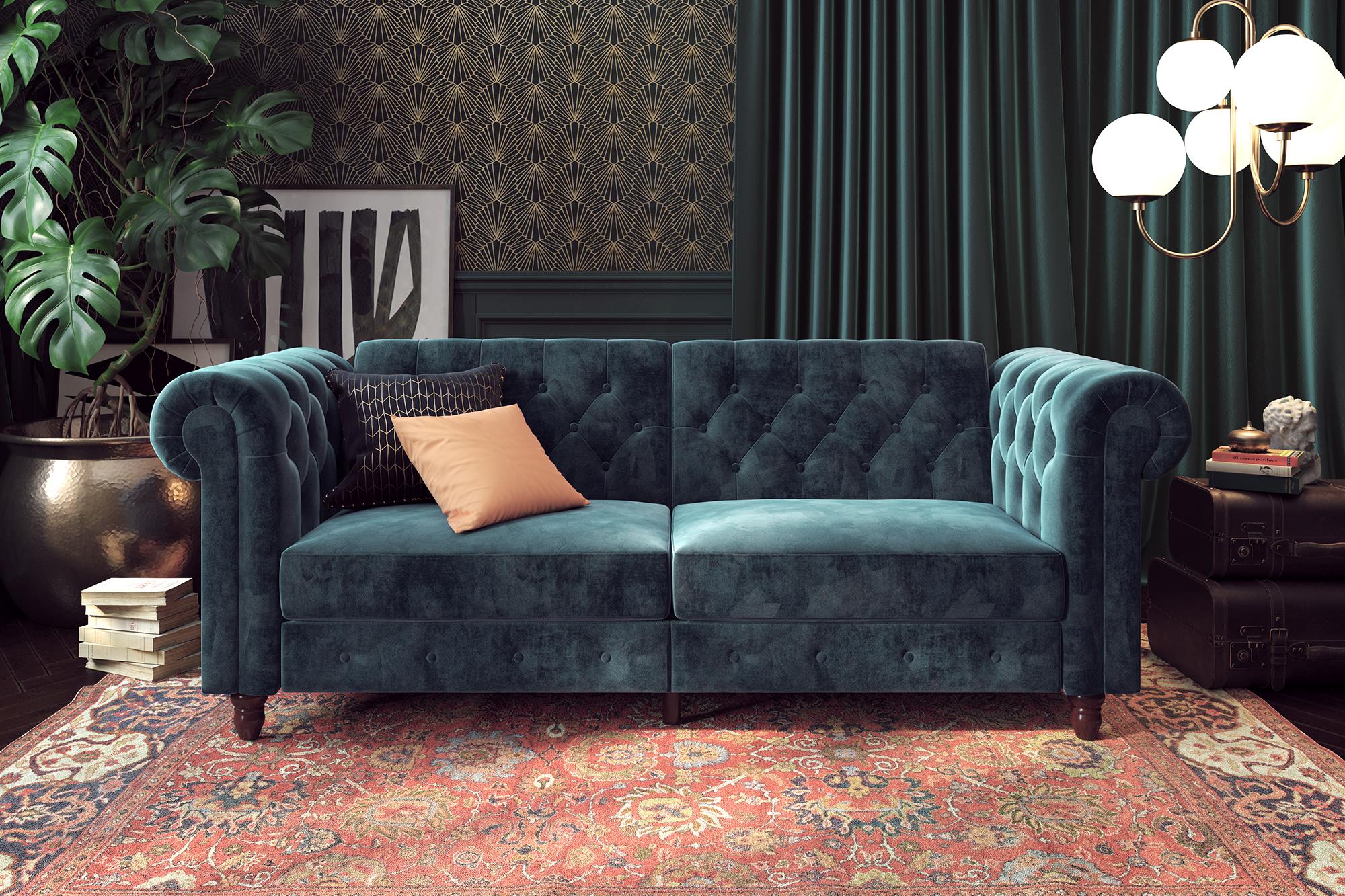 DHP Felix Chesterfield Futon Sofa Bed - Blue Velvet