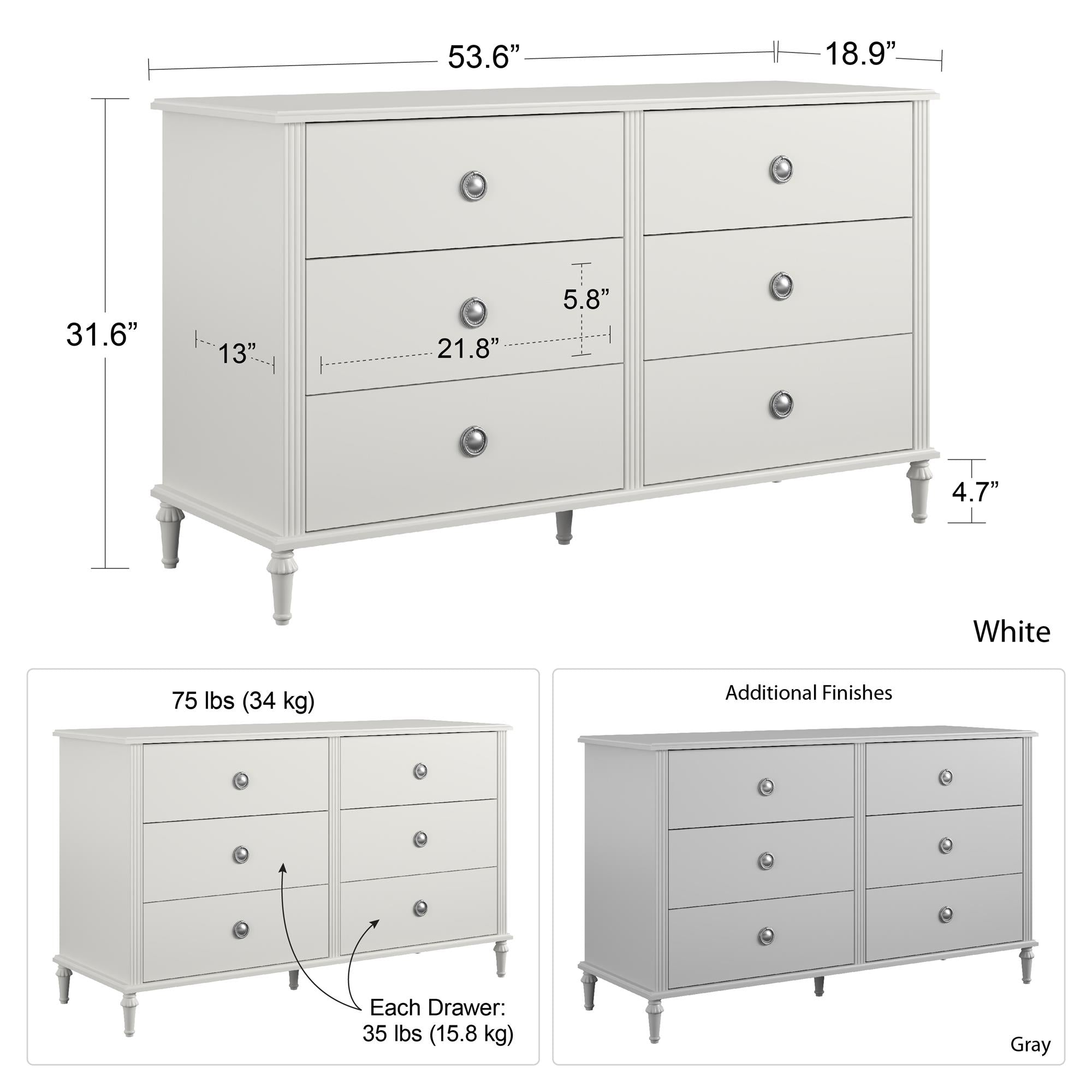 Rowan Valley Arden 6 Drawer Grey Kids' Dresser - Dove Gray