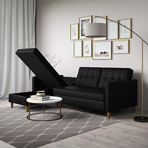 DHP Hartford Futon Sectional Sofa Bed with Storage - Black Faux Leather