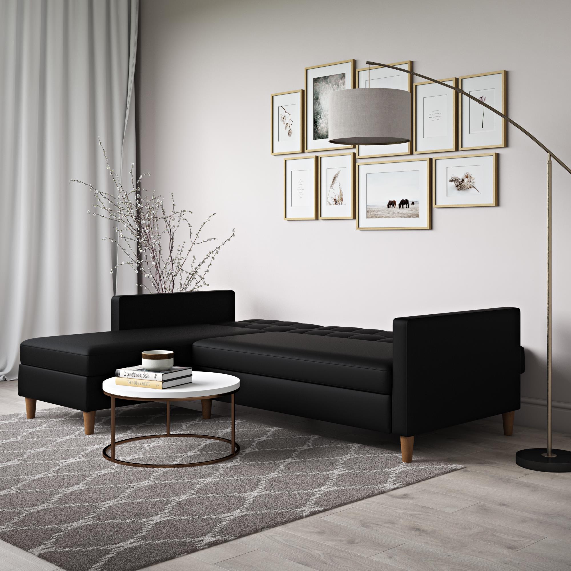 DHP Hartford Futon Sectional Sofa Bed with Storage - Black Faux Leather