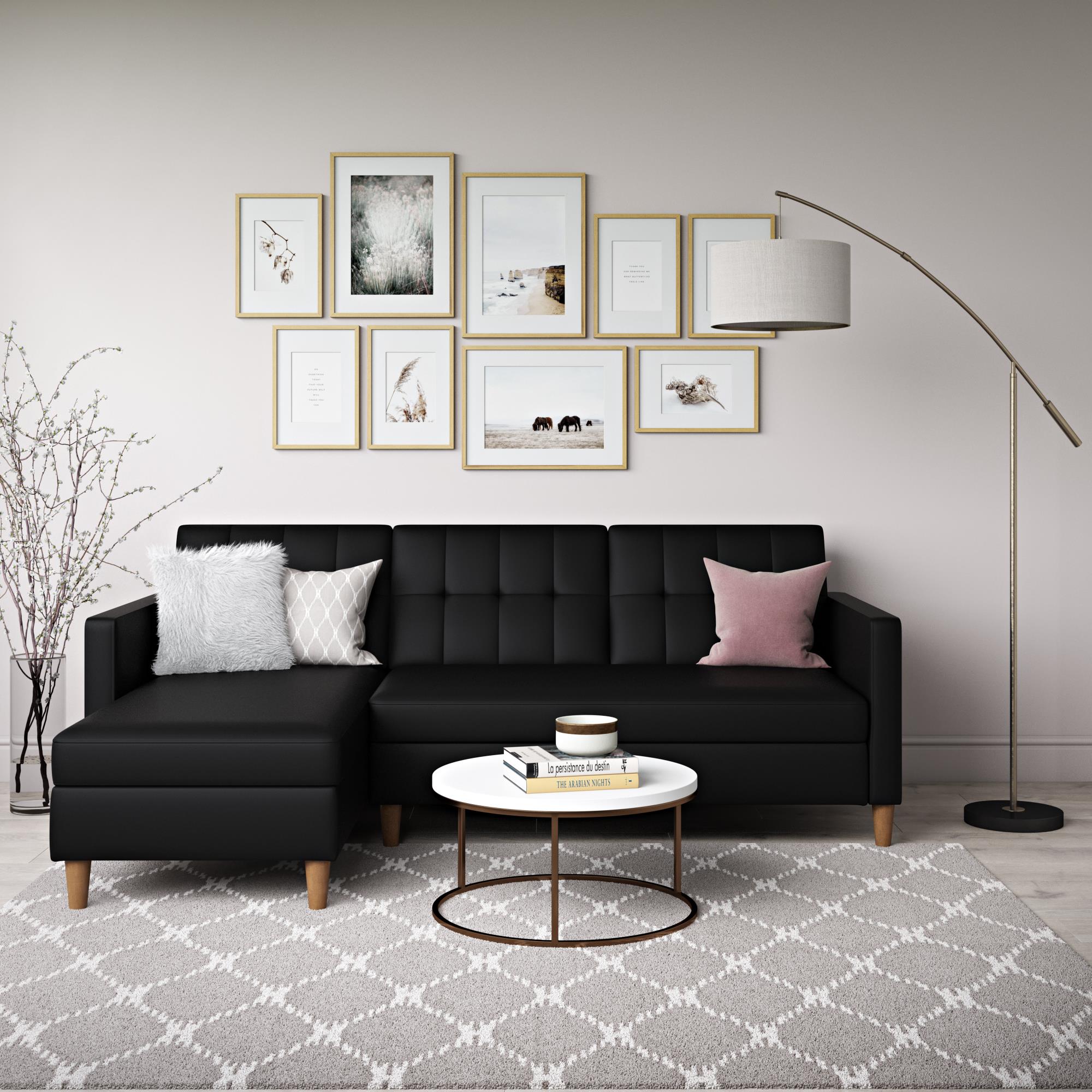 DHP Hartford Futon Sectional Sofa Bed with Storage - Black Faux Leather