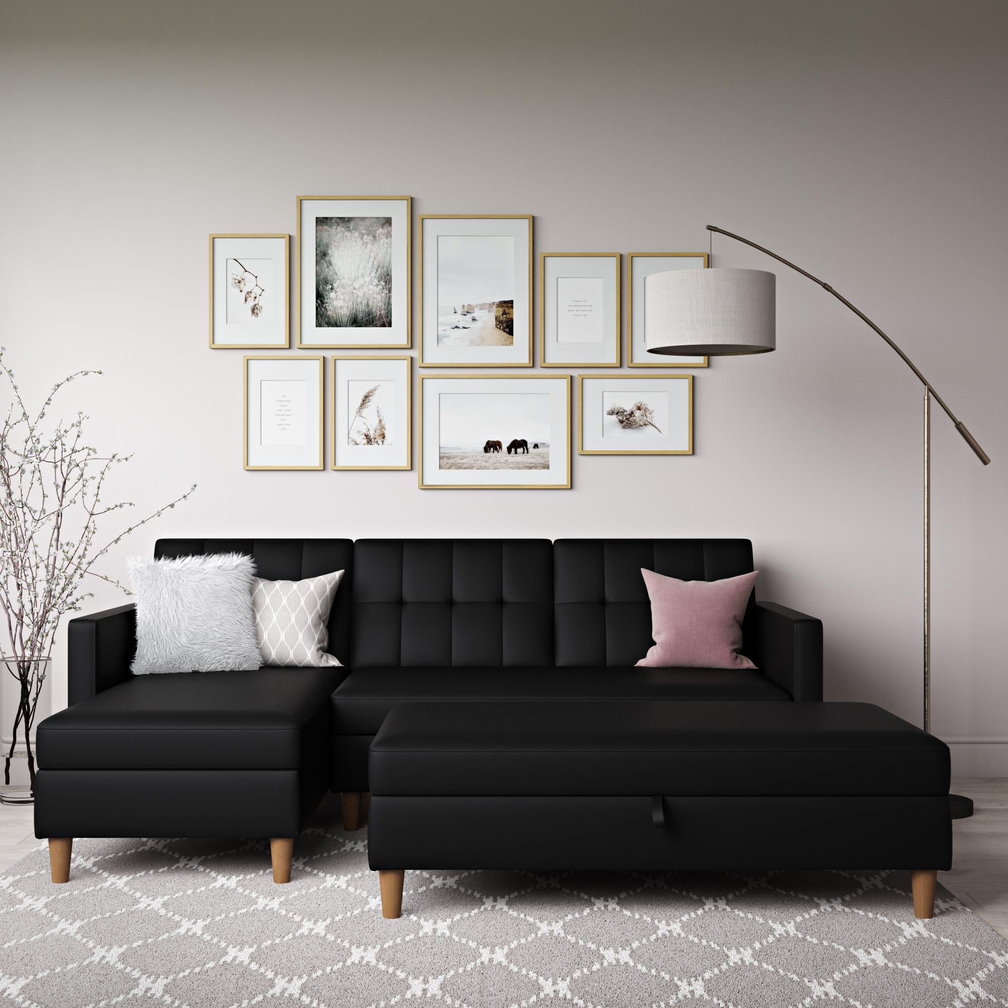 DHP Hartford Futon Sectional Sofa Bed with Storage - Black Faux Leather