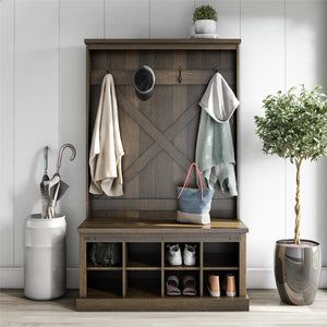 Knox County Entryway Bench Hall Tree with Coat Hooks and Shoe Storage, Brown Oak - Brown Oak