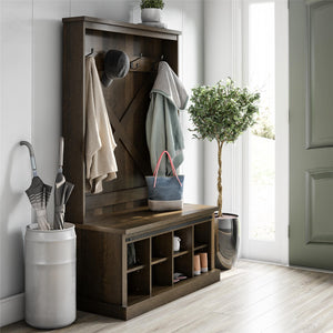 Knox County Entryway Bench Hall Tree with Coat Hooks and Shoe Storage, Brown Oak - Brown Oak