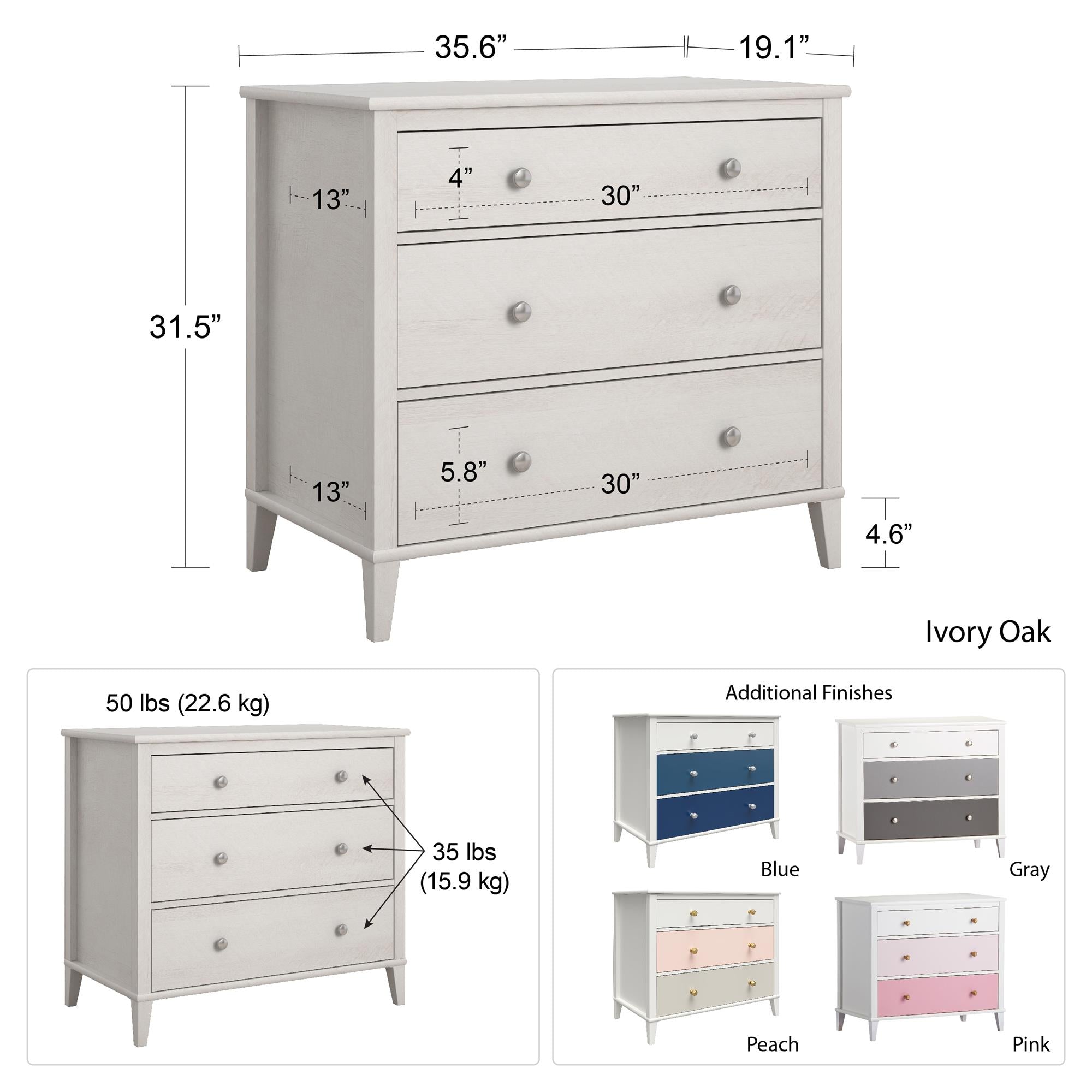 Monarch Hill Poppy White 3 Drawer Dresser, Peach and Taupe Drawers - Peach