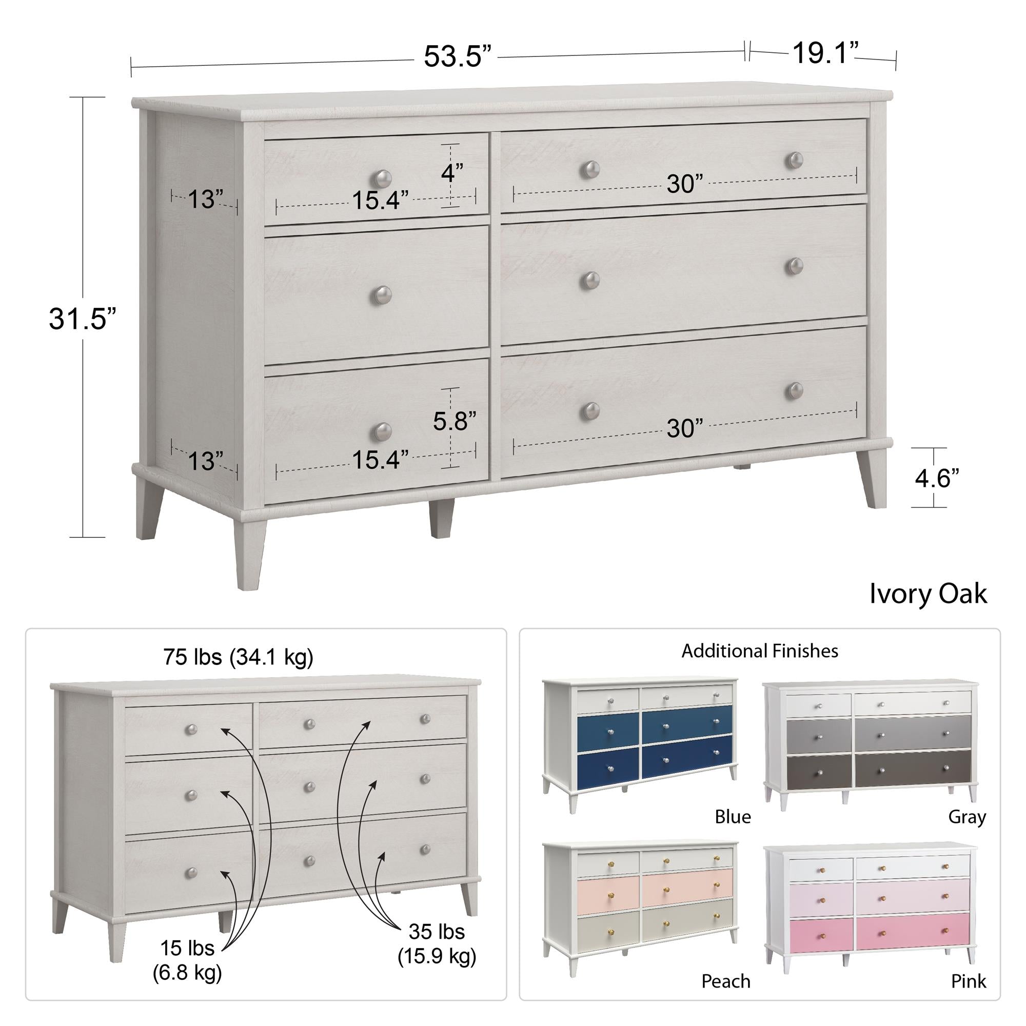 Monarch Hill Poppy White 6 Drawer Dresser, Blue Drawers - Blue