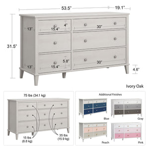 Monarch Hill Poppy White 6 Drawer Dresser, Blue Drawers - Blue