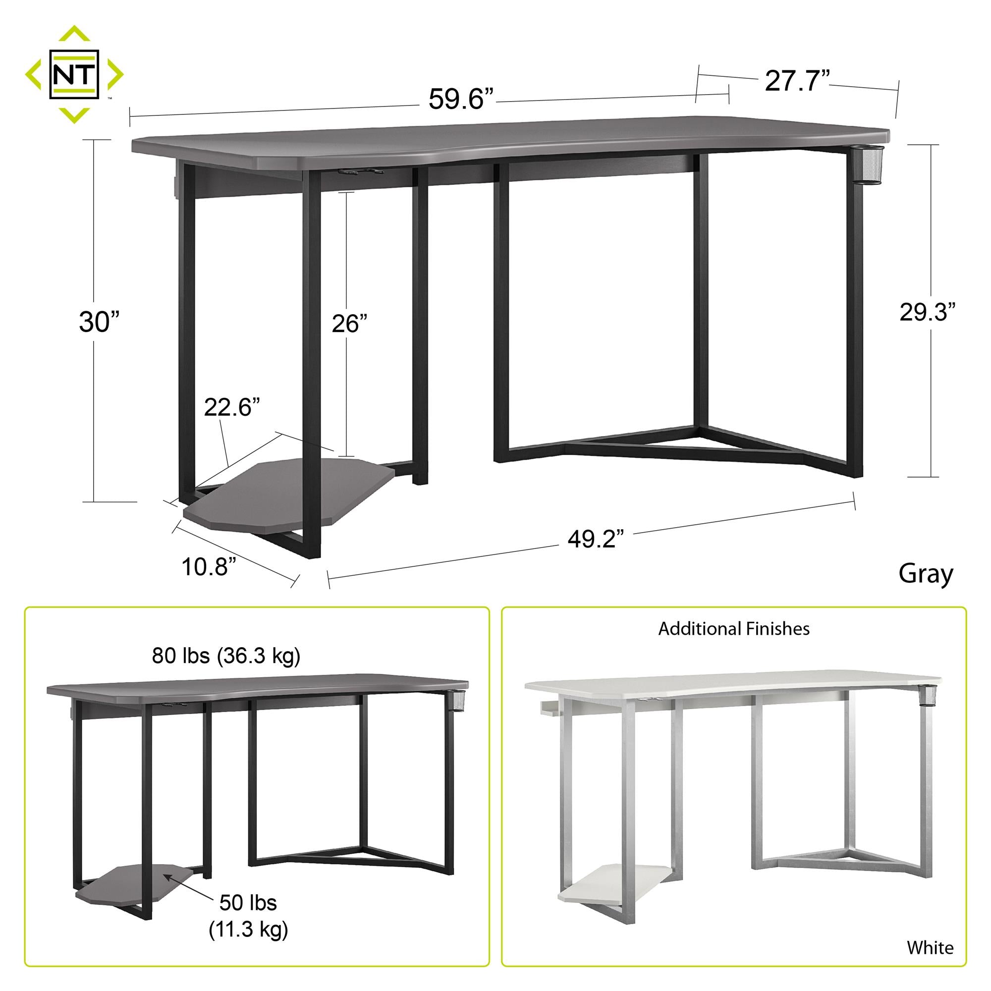 NTense Quest Gaming Desk with CPU Stand - White
