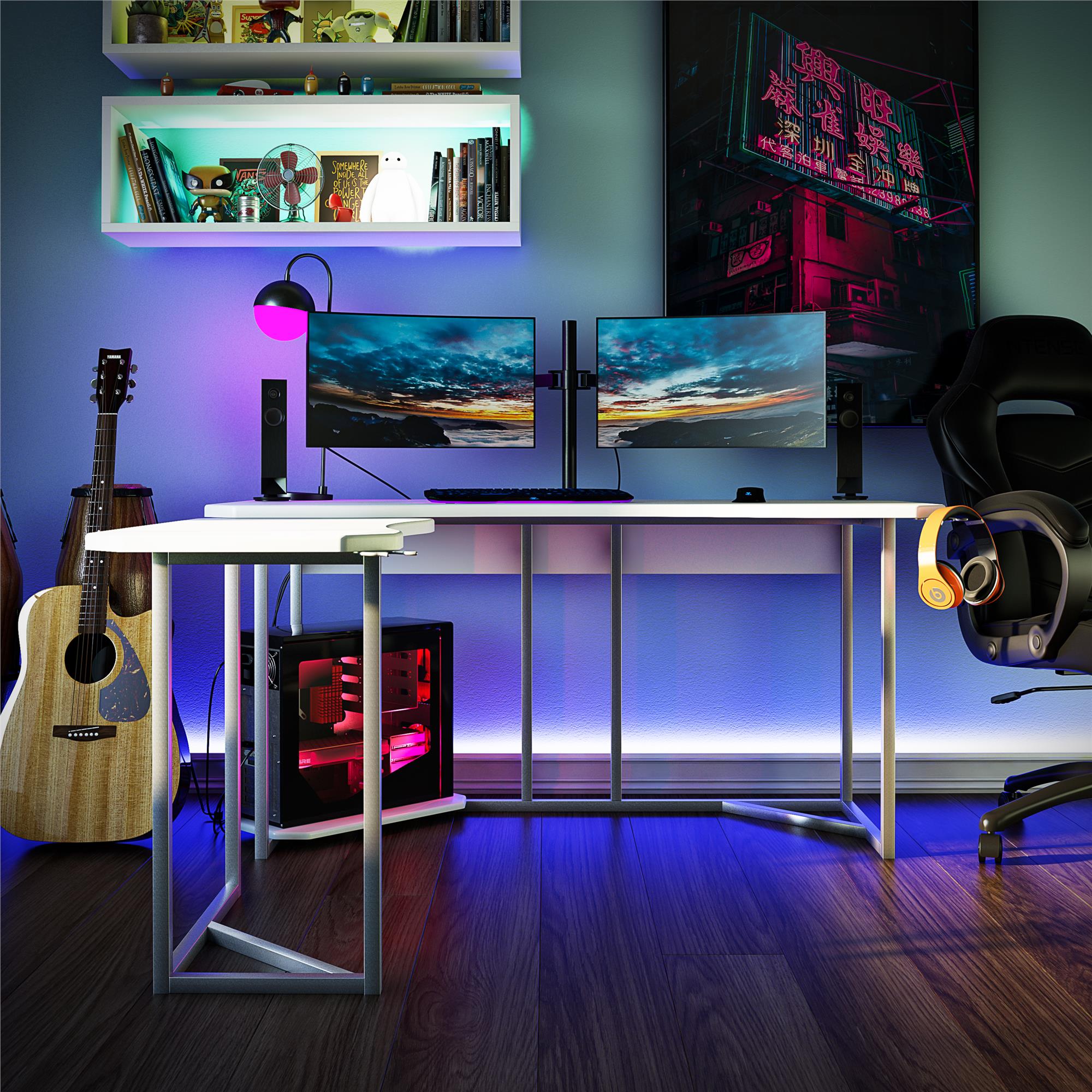 NTense Quest Gaming L Desk with CPU Stand - White