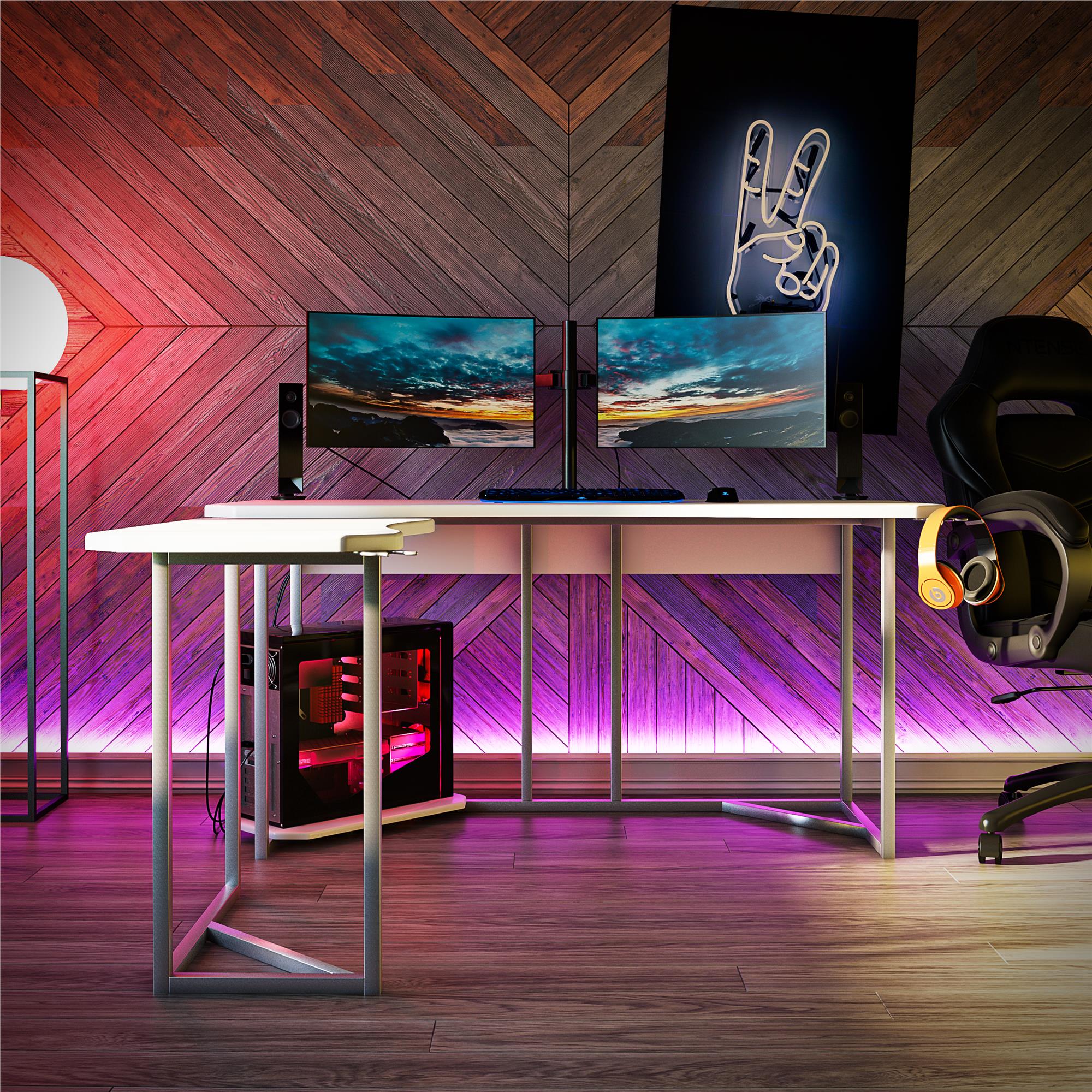 NTense Quest Gaming L Desk with CPU Stand - White