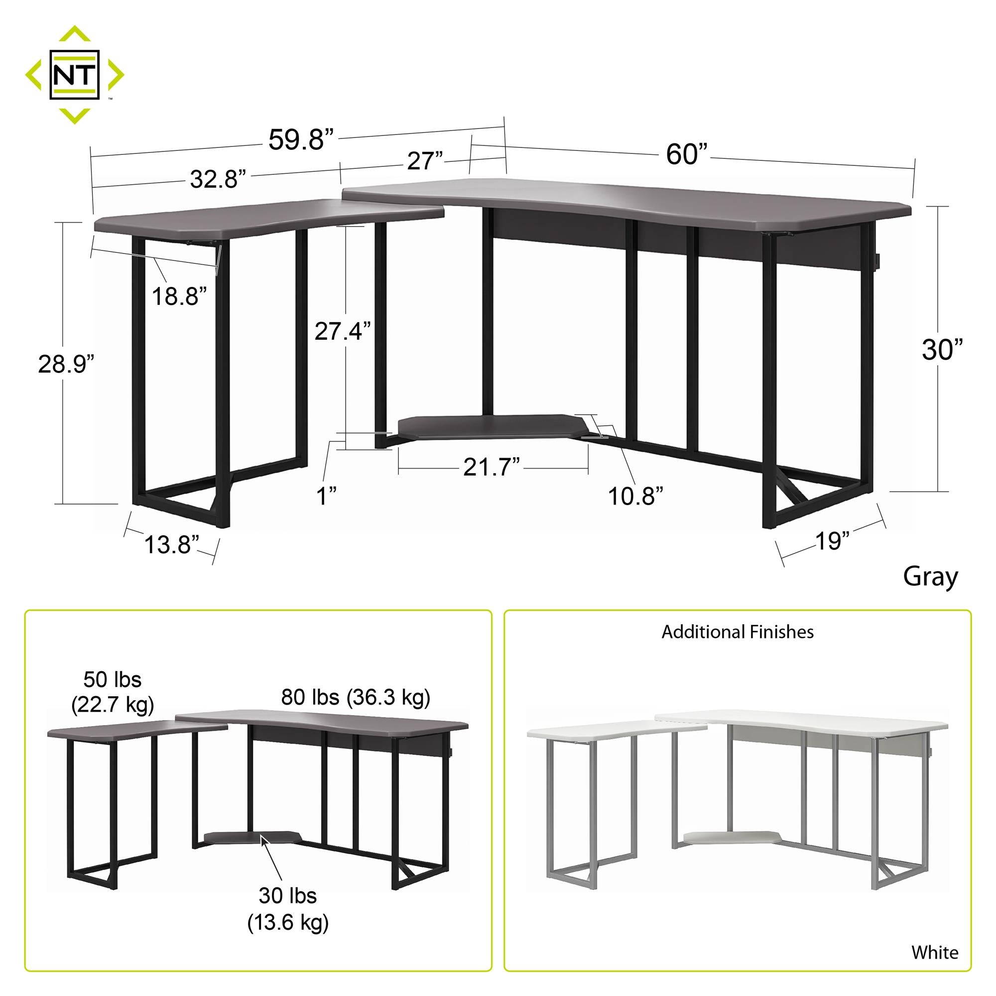 NTense Quest Gaming L Desk with CPU Stand - Gray