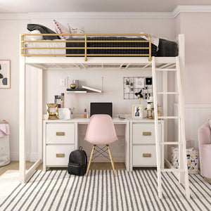 Max & Finn Haven Twin Metal Loft Bed, White & Gold Bars - White - Twin