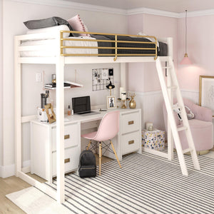 Max & Finn Haven Twin Metal Loft Bed, White & Gold Bars - White - Twin