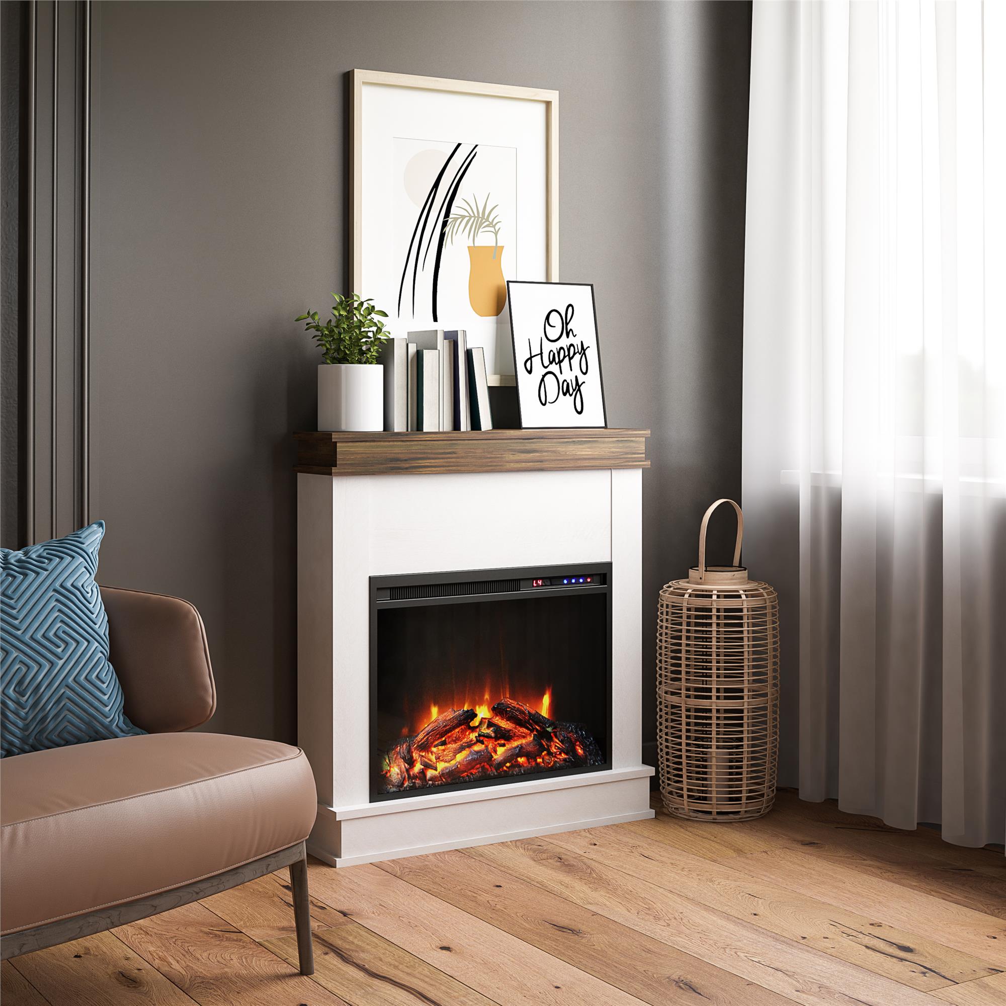 Ameriwood Home Mateo Electric Fireplace with Mantel and Touchscreen Display - Ivory Oak