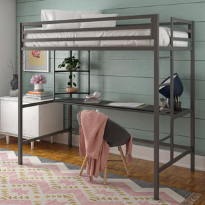 Novogratz Maxwell Metal Loft Bed with Desk & Shelves - Gray - Twin