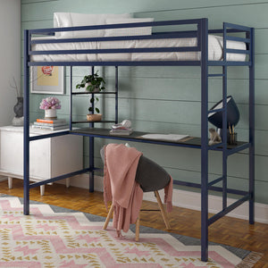 Novogratz Maxwell Metal Loft Bed with Desk & Shelves - Navy/Black - Twin