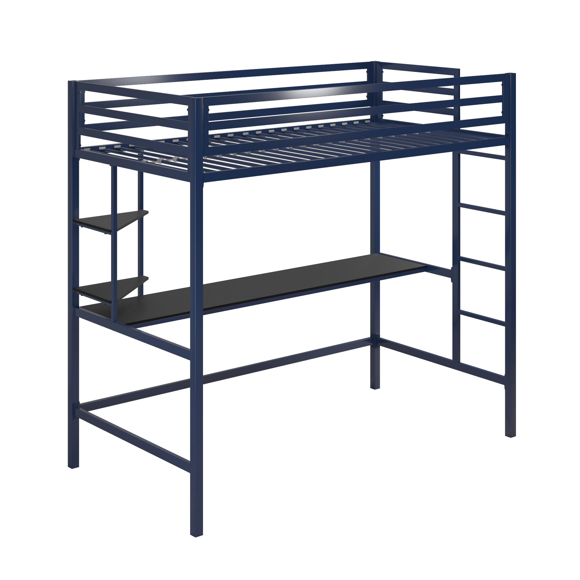 Novogratz Maxwell Metal Loft Bed with Desk & Shelves - Navy/Black - Twin