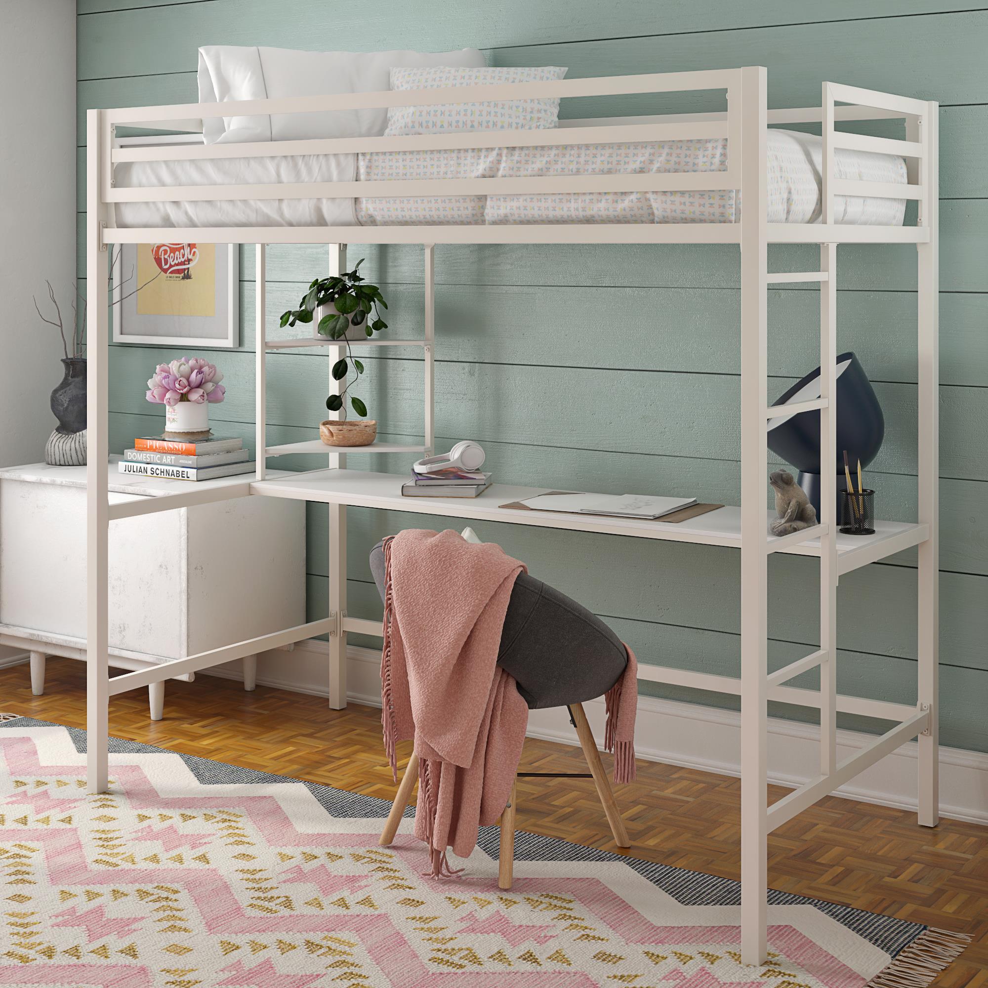 Novogratz Maxwell Metal Loft Bed with Desk & Shelves - White - Twin