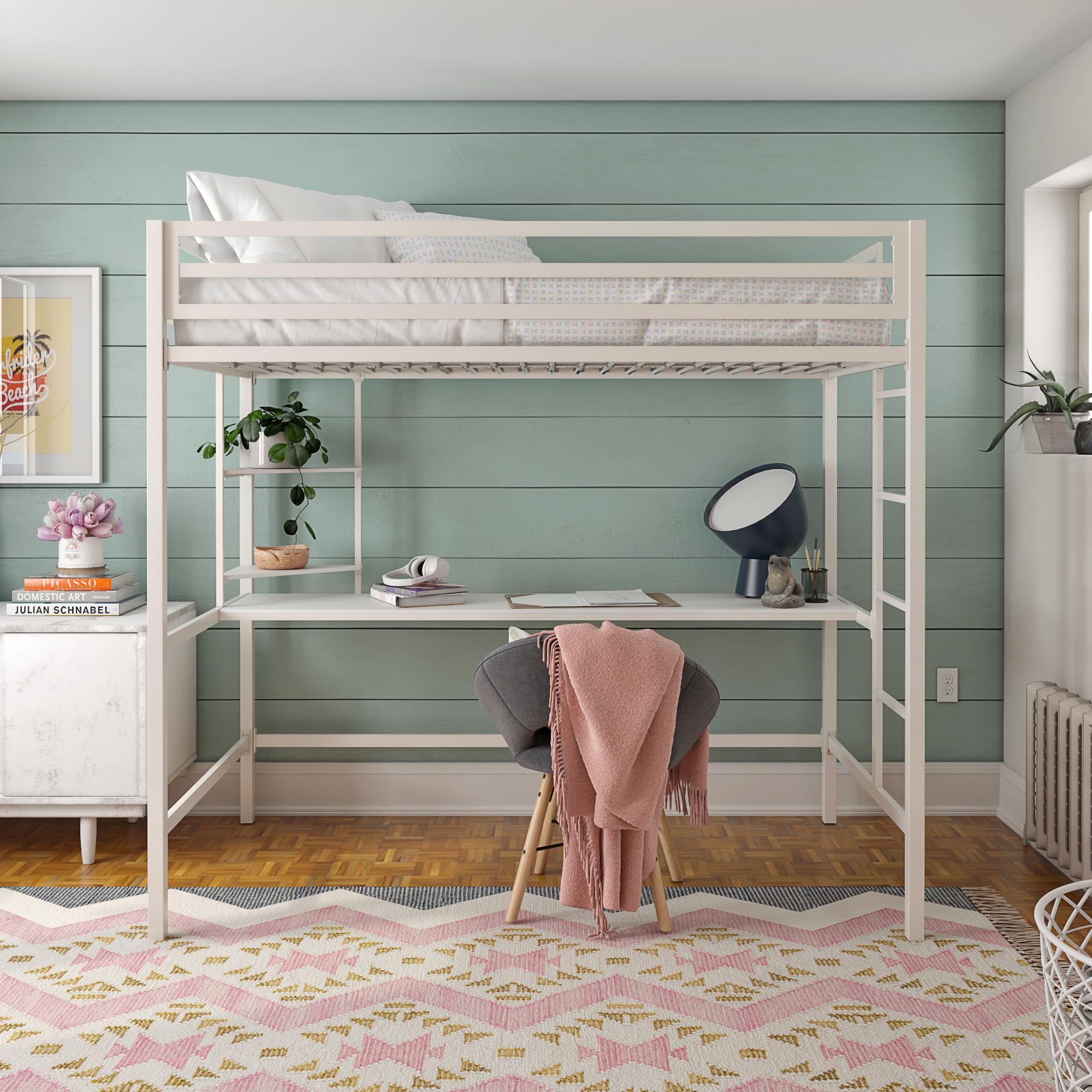 Novogratz Maxwell Metal Loft Bed with Desk & Shelves - White - Twin