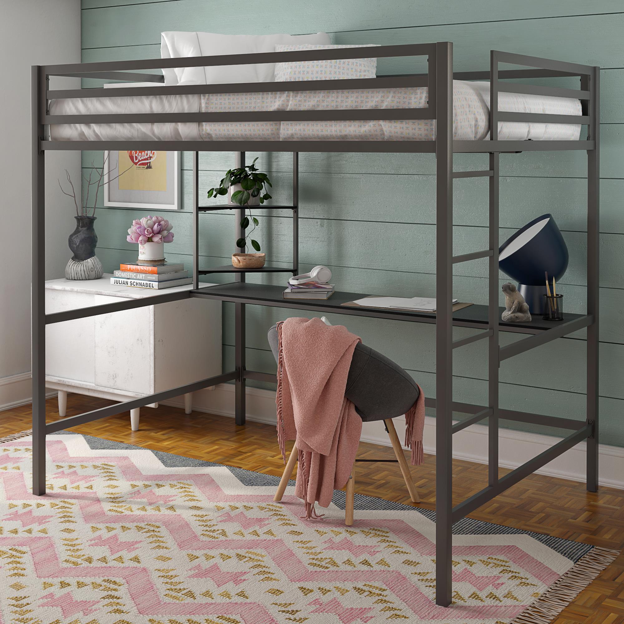 Novogratz Maxwell Metal Loft Bed with Desk & Shelves - Gray - Full