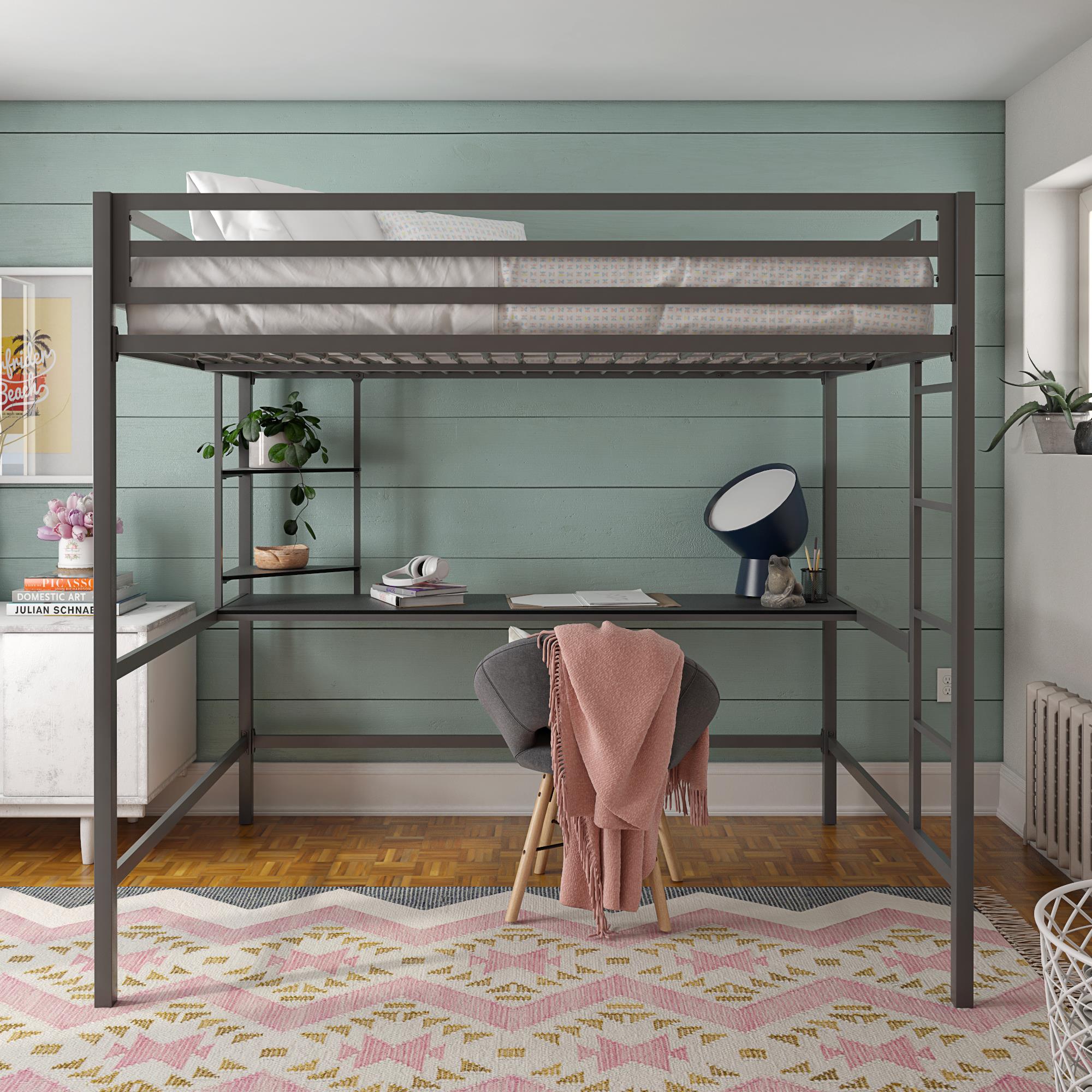 Novogratz Maxwell Metal Loft Bed with Desk & Shelves - Gray - Full