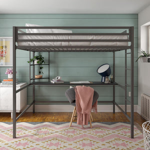 Novogratz Maxwell Metal Loft Bed with Desk & Shelves - Gray - Full