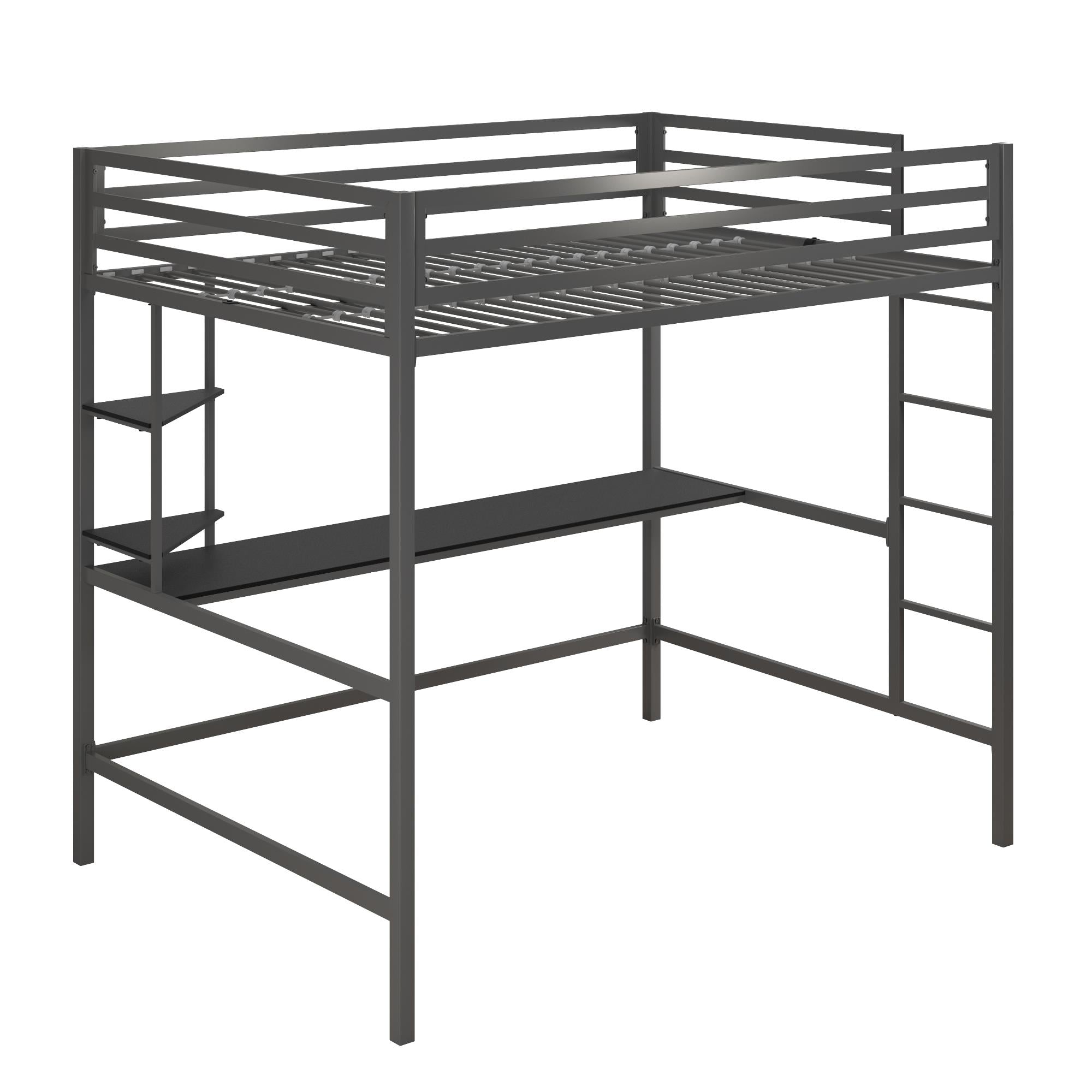 Novogratz Maxwell Metal Loft Bed with Desk & Shelves - Gray - Full