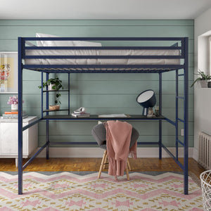 Novogratz Maxwell Metal Loft Bed with Desk & Shelves - Navy - Full