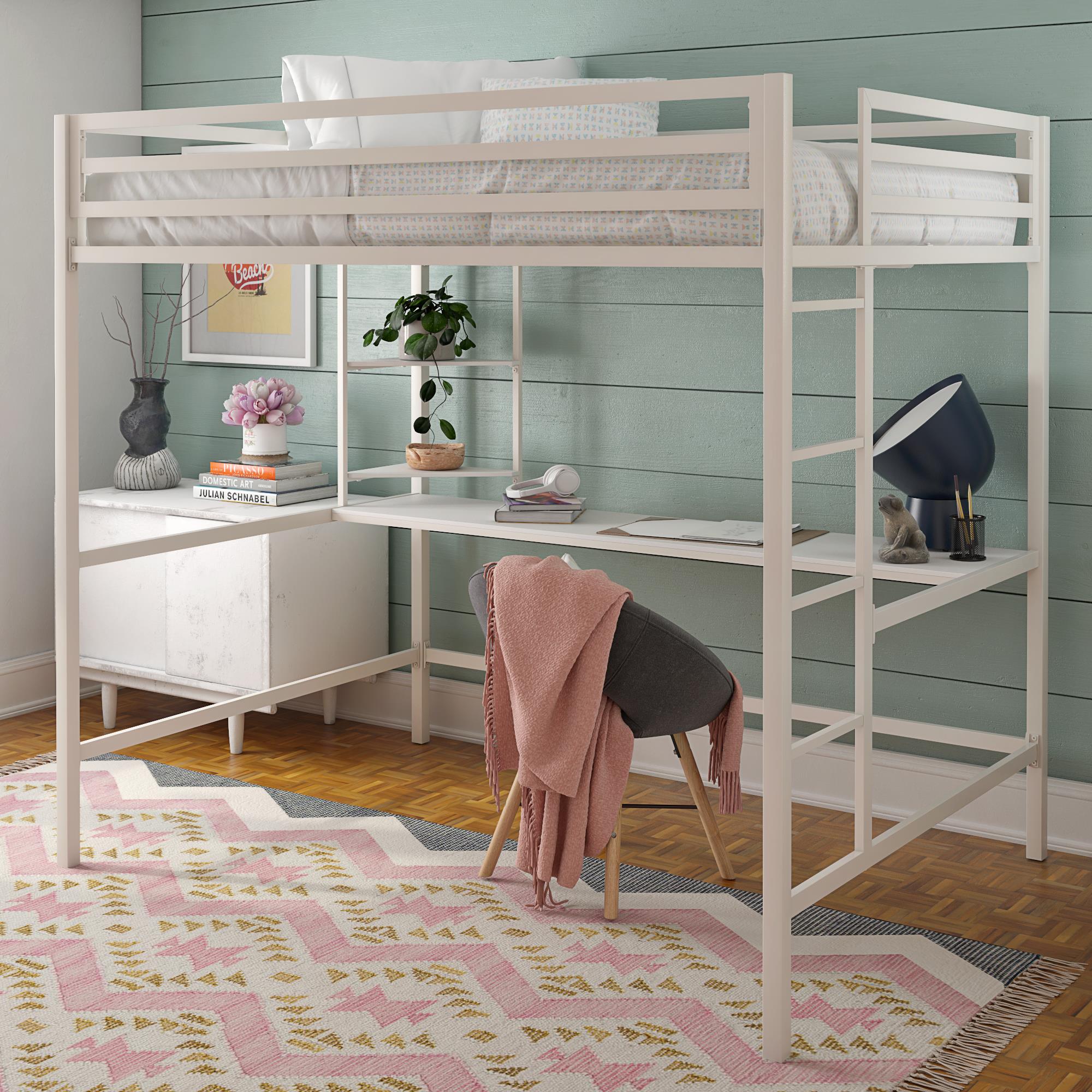 Novogratz Maxwell Metal Loft Bed with Desk & Shelves - White - Full