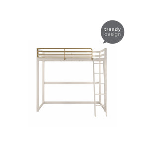 Max & Finn Haven Twin Metal Loft Bed, White & Gold Bars - White - Twin