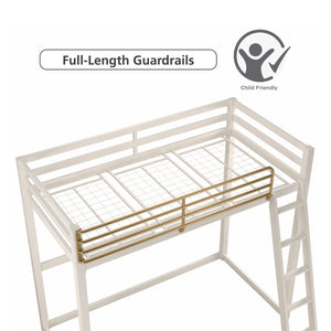 Max & Finn Haven Twin Metal Loft Bed, White & Gold Bars - White - Twin