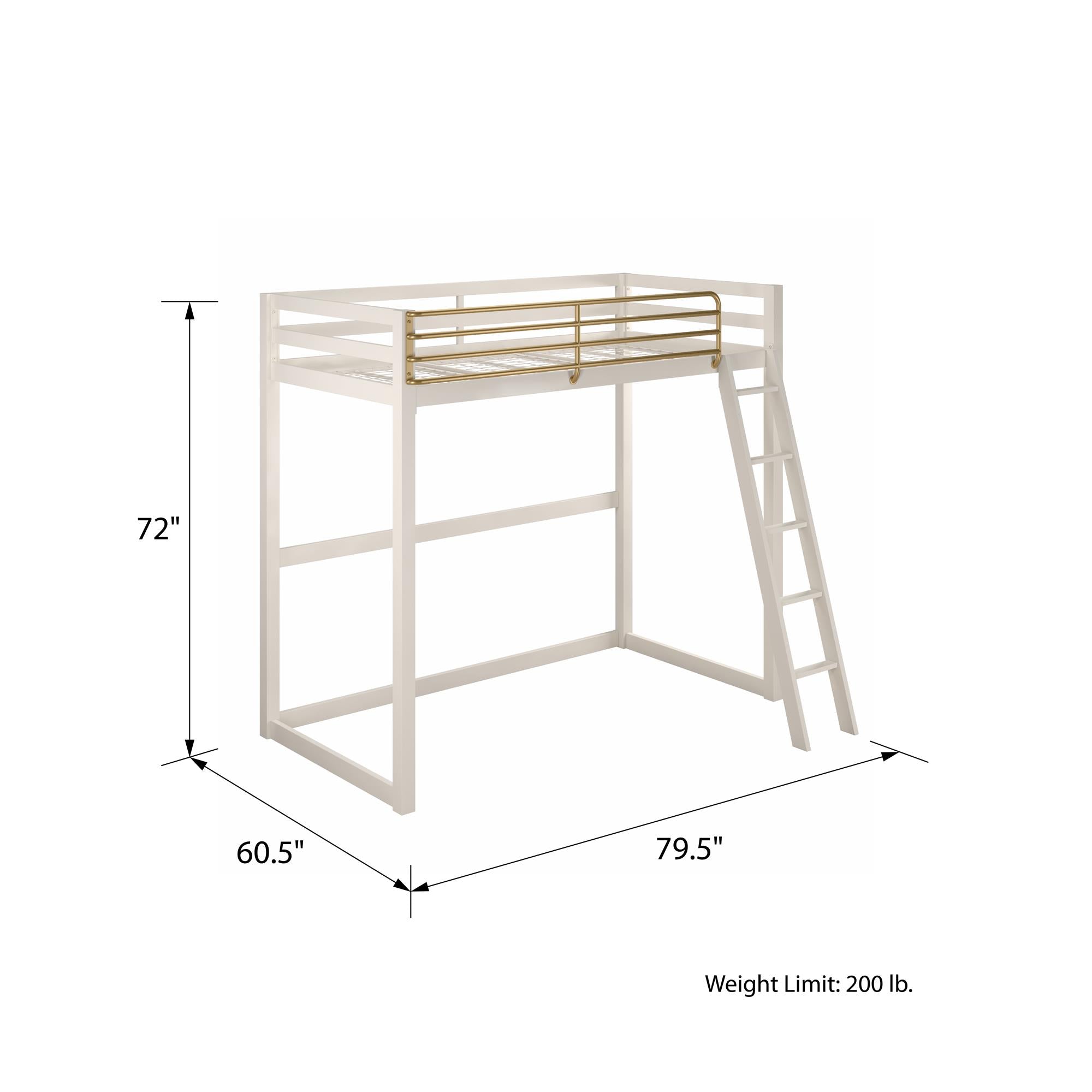 Max & Finn Haven Twin Metal Loft Bed, White & Gold Bars - White - Twin