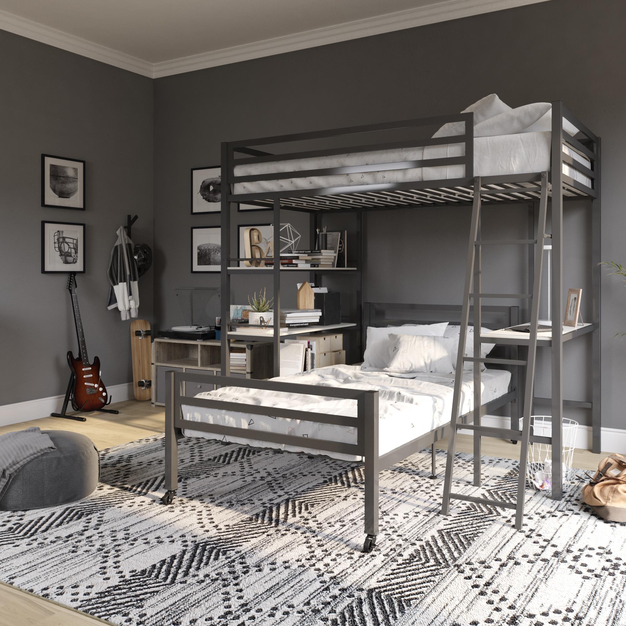 Max & Finn Nova Metal Loft Bed with Shelves - Gray - Twin