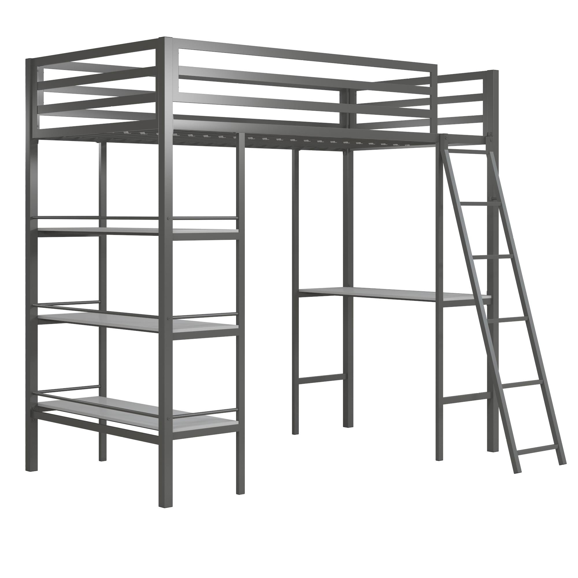 Max & Finn Nova Metal Loft Bed with Shelves - Gray - Twin