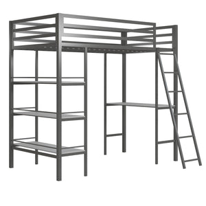 Max & Finn Nova Metal Loft Bed with Shelves - Gray - Twin