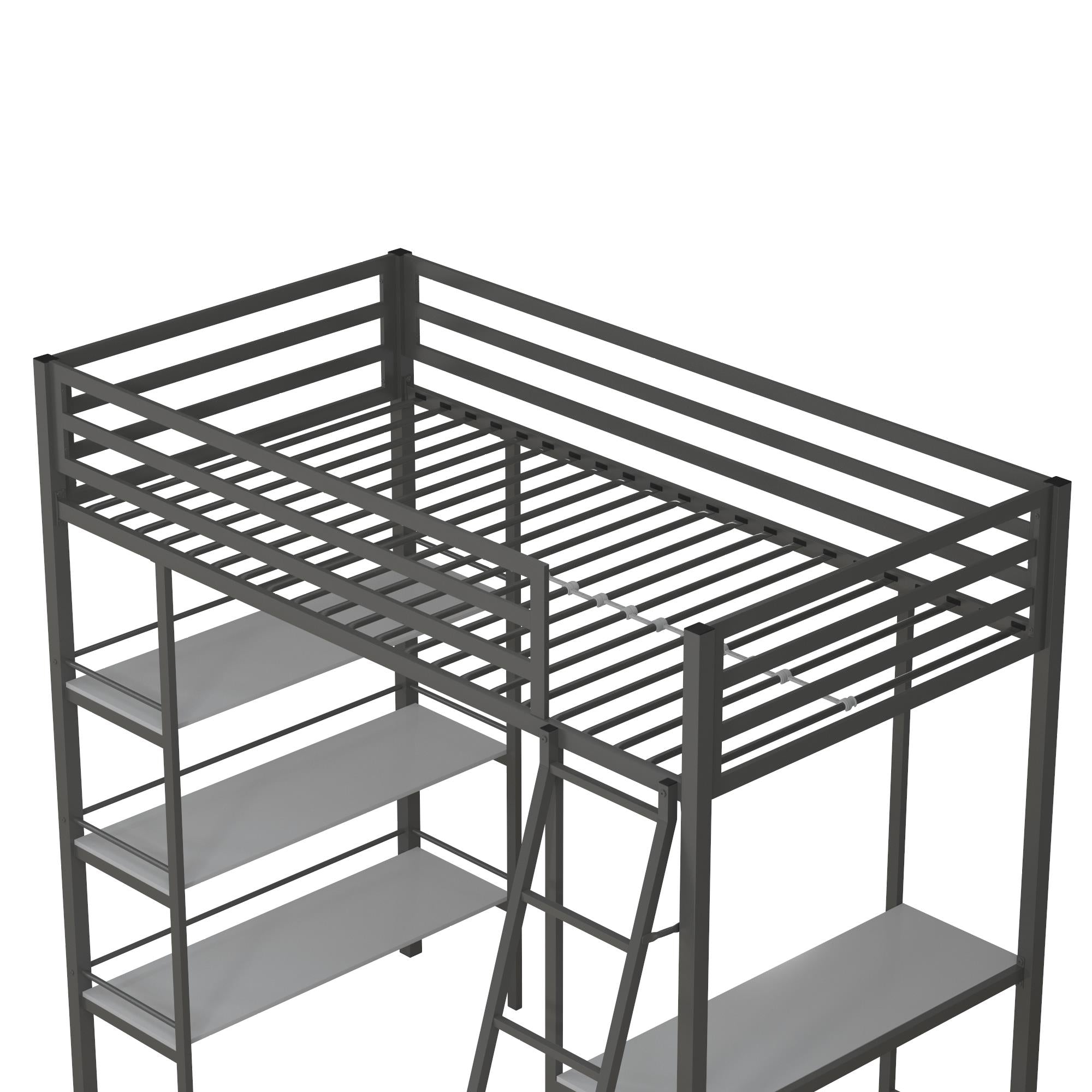 Max & Finn Nova Metal Loft Bed with Shelves - Gray - Twin