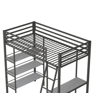 Max & Finn Nova Metal Loft Bed with Shelves - Gray - Twin
