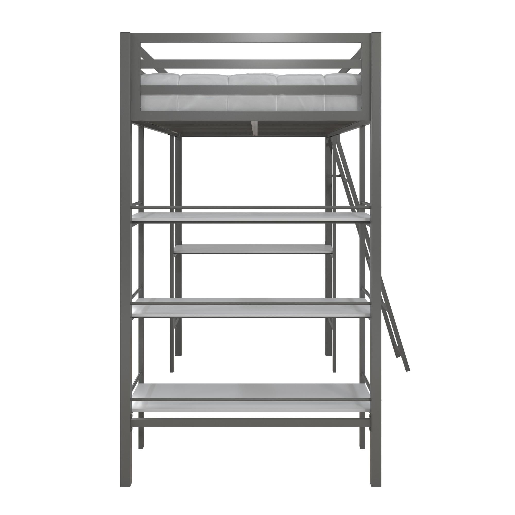 Max & Finn Nova Metal Loft Bed with Shelves - Gray - Twin