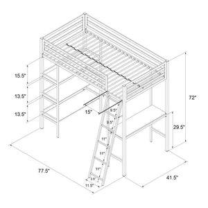 Max & Finn Nova Metal Loft Bed with Shelves - Gray - Twin