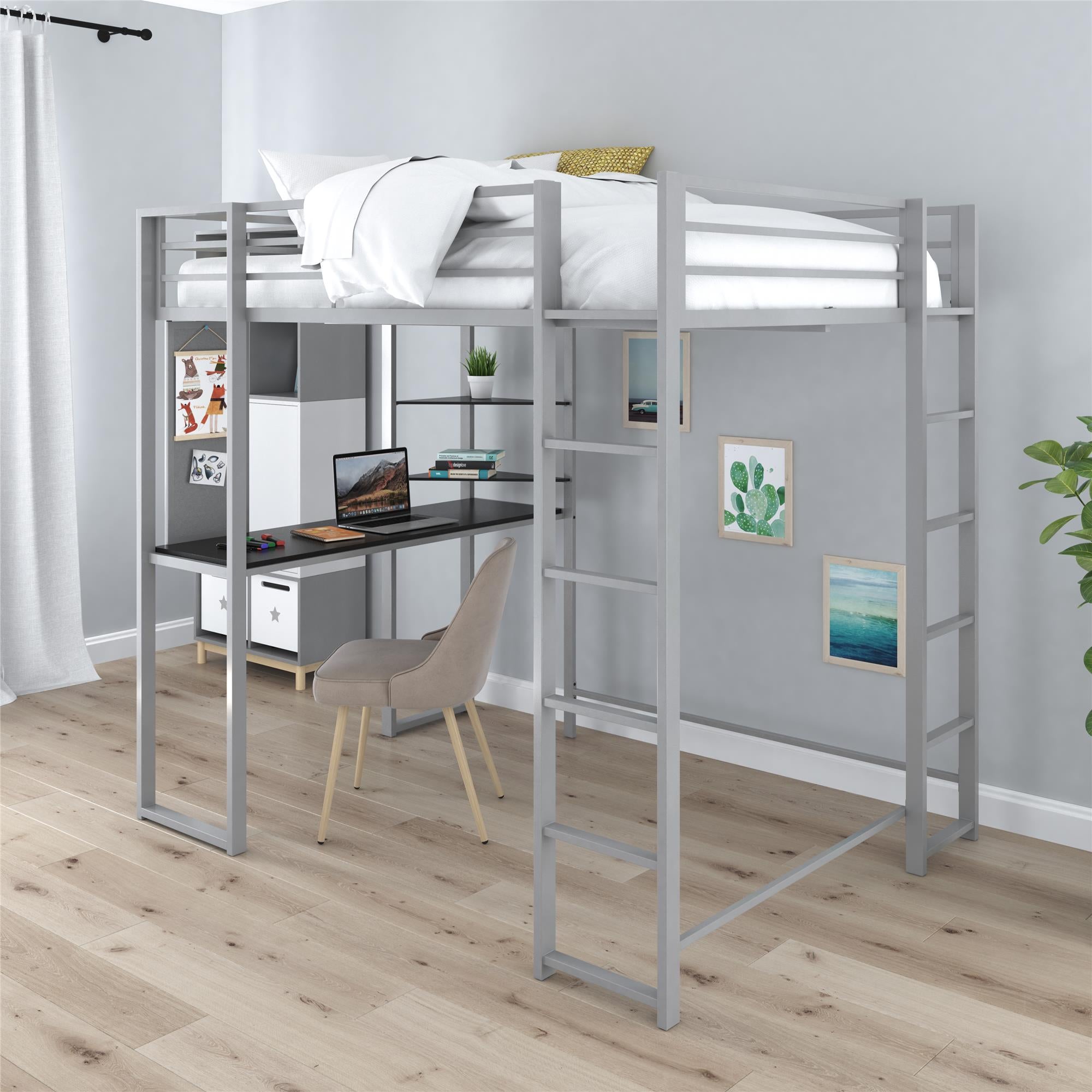 DHP Abode Metal Loft Bed with Desk and Shelves - Silver - Full