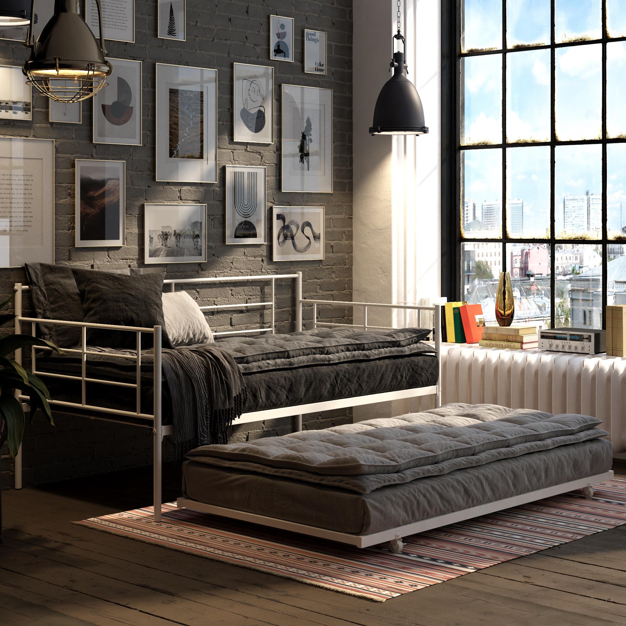 RealRooms Praxis Metal Daybed with Trundle - White - Twin