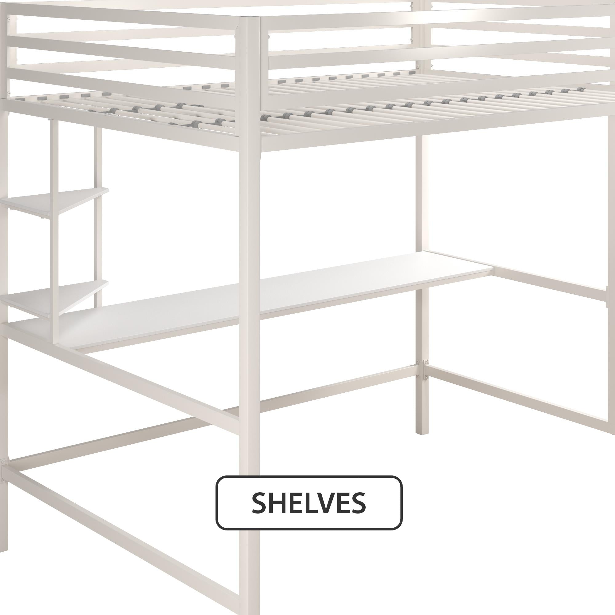 Novogratz Maxwell Metal Loft Bed with Desk & Shelves - White - Full