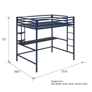 Novogratz Maxwell Metal Loft Bed with Desk & Shelves - Navy - Full